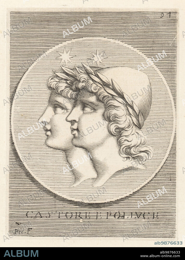Heads of the Dioscuri, Castor and Pollux. Twin half brothers borne of Leda, Castor the son of King Tyndareus, Pollux the son of Zeus. In crowns of wild olive leaves, Laconic caps with stars above their heads. From a bronze medal. Castore e Polluce. Copperplate engraving by Etienne Picart after Giovanni Angelo Canini from Iconografia, cioe disegni d'imagini de famosissimi monarchi, regi, filososi, poeti ed oratori dell' Antichita, Drawings of images of famous monarchs, kings, philosophers, poets and orators of Antiquity, Ignatio deLazari, Rome, 1699.