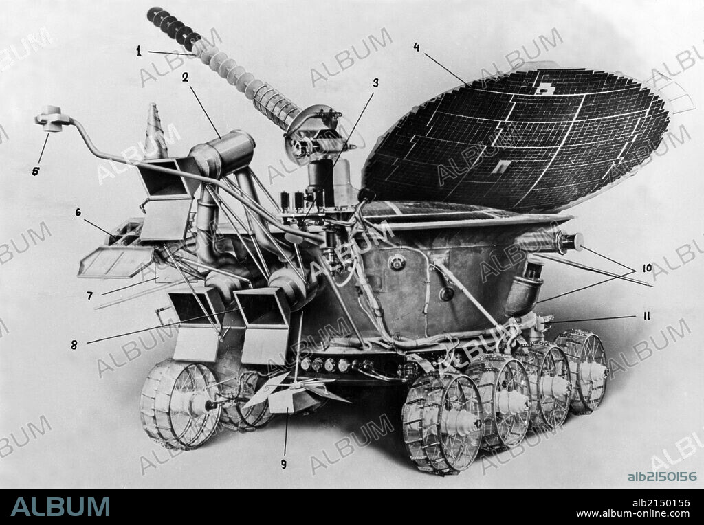 Soviet lunar rover, lunokhod 2 (luna-21 mission), 1-right-angle antenna; 2 & 8-television cameras; 3-photo-receiver; 4-solar battery panel; 5-magnitometer; 6-corner reflector; 7-astrophotometer; 9-'rifma' apparatus; 10-telephotometer; 11-instrument for gauging distance, january 1973.