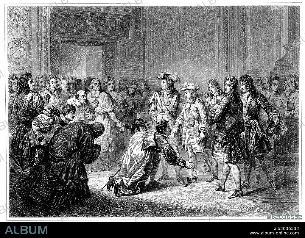 Guerra de sucesión (1714). Felipe V, duque de Anjou, llamado el Animoso, declarado rey de España el 16 de noviembre de 1700. Grabado de 1840.