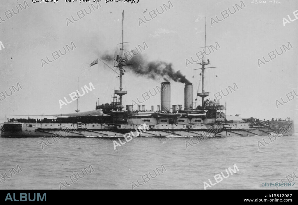 LONDON (sister ship of BULWARK), Photo shows the British pre-dreadnought battleship HMS London (1899)., between ca. 1910 and ca. 1915, Glass negatives, 1 negative: glass.