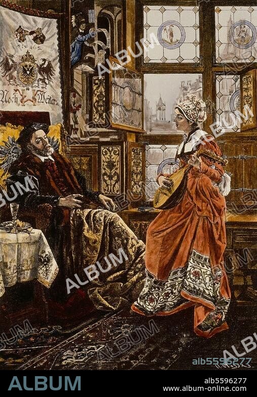 Karl V., röm.-dt. Kaiser u. König v. Spanien; 1500-1558. "Karl V. und Barbara Blomberg". (Bürgerstochter, 1527-97; wurde auf dem Reichstag in Regensburg 1546 die Geliebte Karls V. und durch ihn Mutter des Don Juan d'Austria). Holzstich nach Gemälde, 1894, von Willem Geets (geb. 1838).