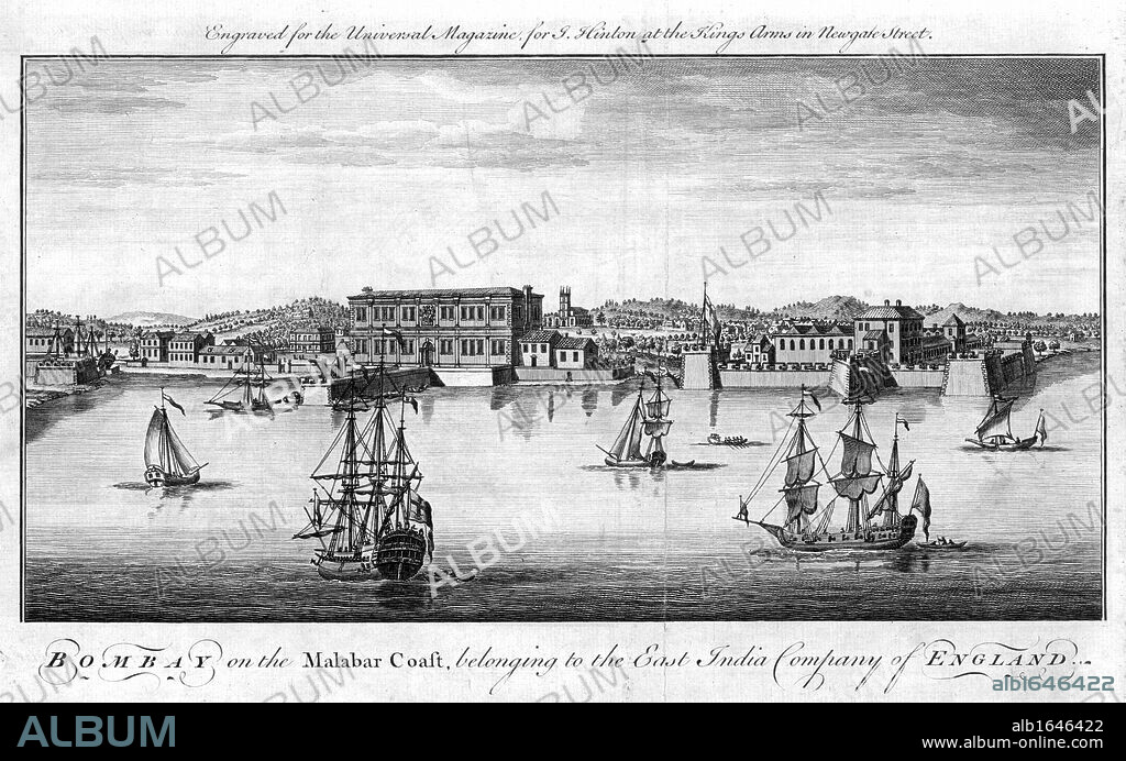 Bombay, East India Company of England's port on the Malabar Coast of India, with Company trading vessels in the foreground and quayside warehouses and buildings behind. Copperplate engraving, London, 1755.