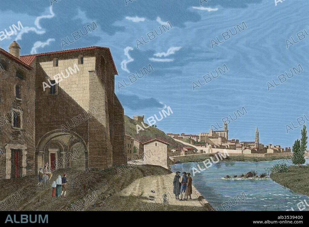 Girona (1806). Vista de la entrada por Pedret, antiguo hospital, castillo, río y catedral. Al fondo, la iglesia de San Félix. Grabado. Alexandre de Laborde (1773-1842). Coloreado.