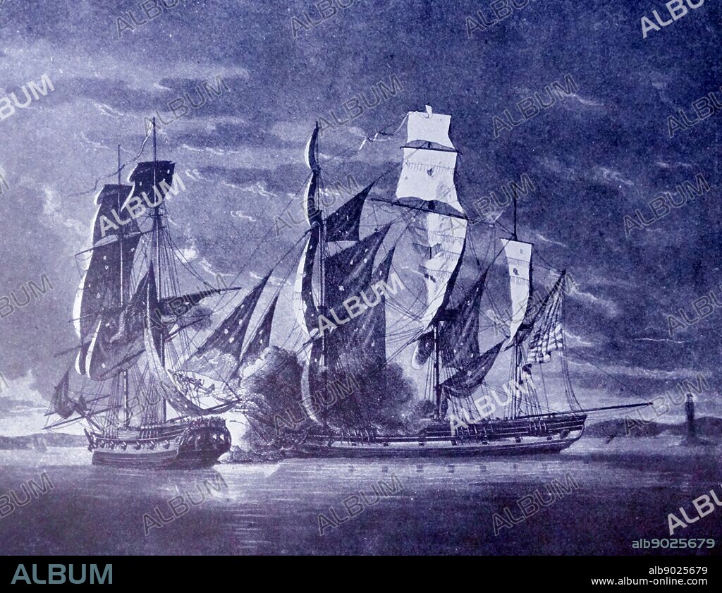 British Navy ship 'Brigg Observer', Commanded by Lieut. John Crymes, Engaging the American Privateer (pirate) Ship Jack, John Ropes (commander), 29th of May 1782, Off the Harbour of Hallifax, Nova Scotia. Aquatint by Robert Dodd, 1784.