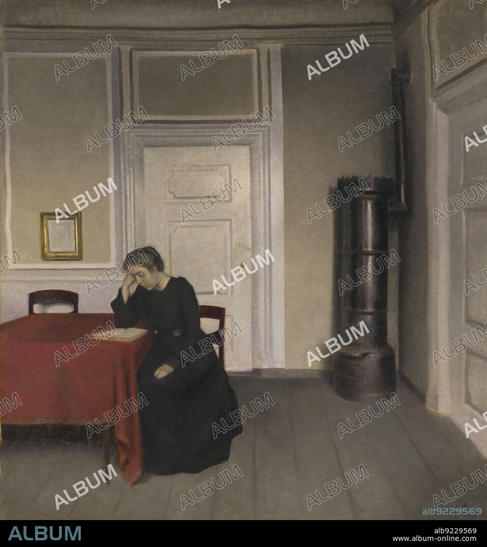 VILHELM HAMMERSHØI. A Room in the Artist's Home in Strandgade, Copenhagen, with the Artist's Wife, 1902.