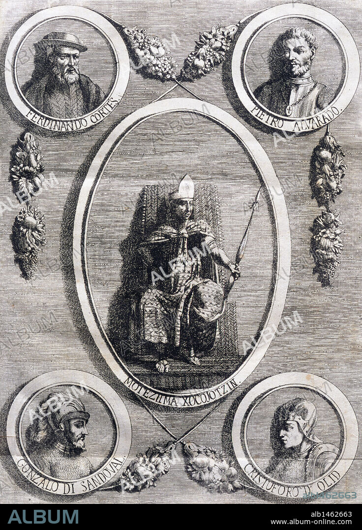 Conquerors and conquered. Moctezuma II (1467-1520), Hernan Cortes (1485-1547), Pedro de Alvarado (1485-1541), Gonzalo de Sandoval (1497-1527) and Olid (1488-1524). Italian engraving, 19th century.