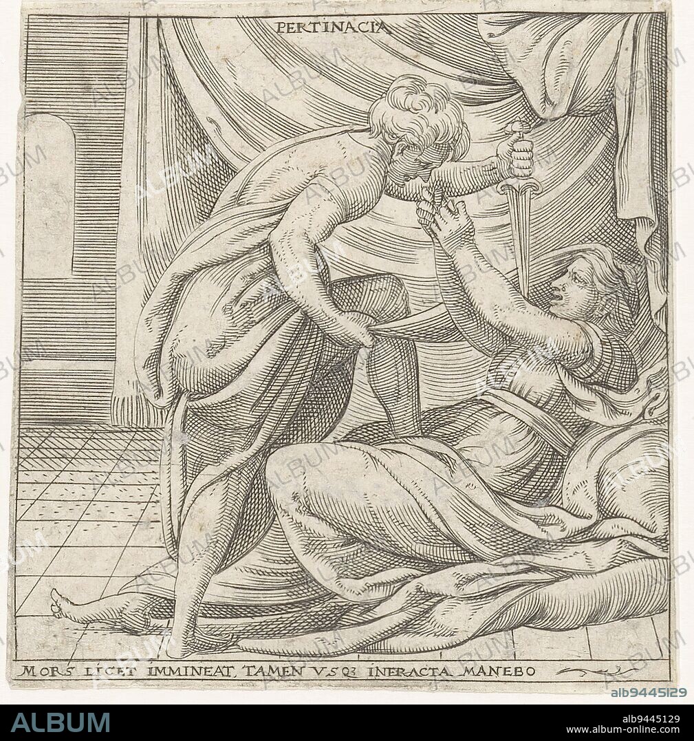 A man threatening a lying woman with a dagger, possibly Tarquinius and Lucretia. The woman defends herself with her hands. Line of Latin text in lower margin, Neck stiffness Pertinacia, Emblematic figures (series title)., print maker: Enea Vico, print maker: Cornelis Massijs, Francesco Salviati, (possibly), print maker: Italy, print maker: Zuid-Nederland, Italy, 1533 - 1567, paper, engraving, h 80 mm - w 76 mm.