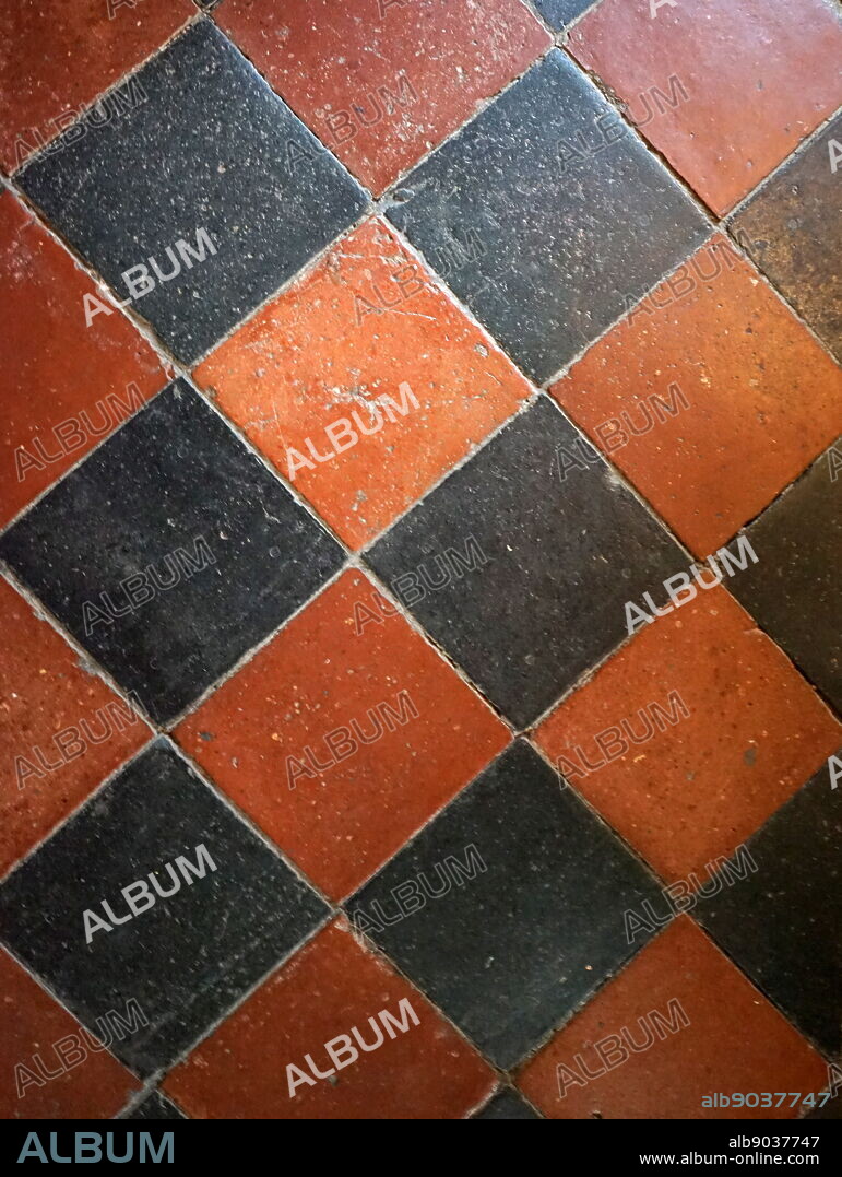 17th century Tiles on the floor of a passageway at Baddesley Clinton; a moated manor house, located just north of the historic town of Warwick in the English county of Warwickshire; the house was probably established during the 13th century.