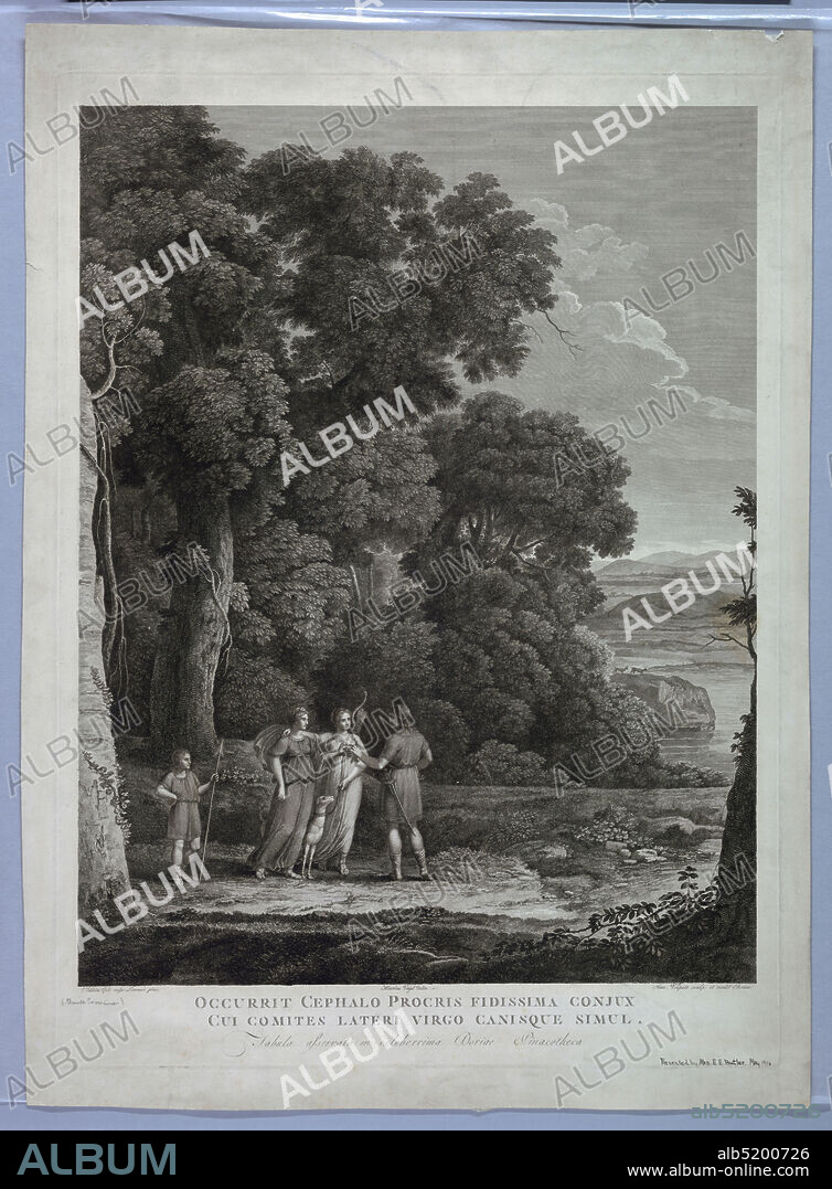 Cephalis and Procris, Giovanni Volpato, Italian, 1733 - 1803, Claude Lorrain, French, 1604 - 1682, Hendrik Voogd, Dutch, 1768 - 1839, Engraving on paper, Landscape, four figures and a dog in the left foreground. Distant view of lake and hills in right background., Italy, Europe, ca. 1790, Print, Print.
