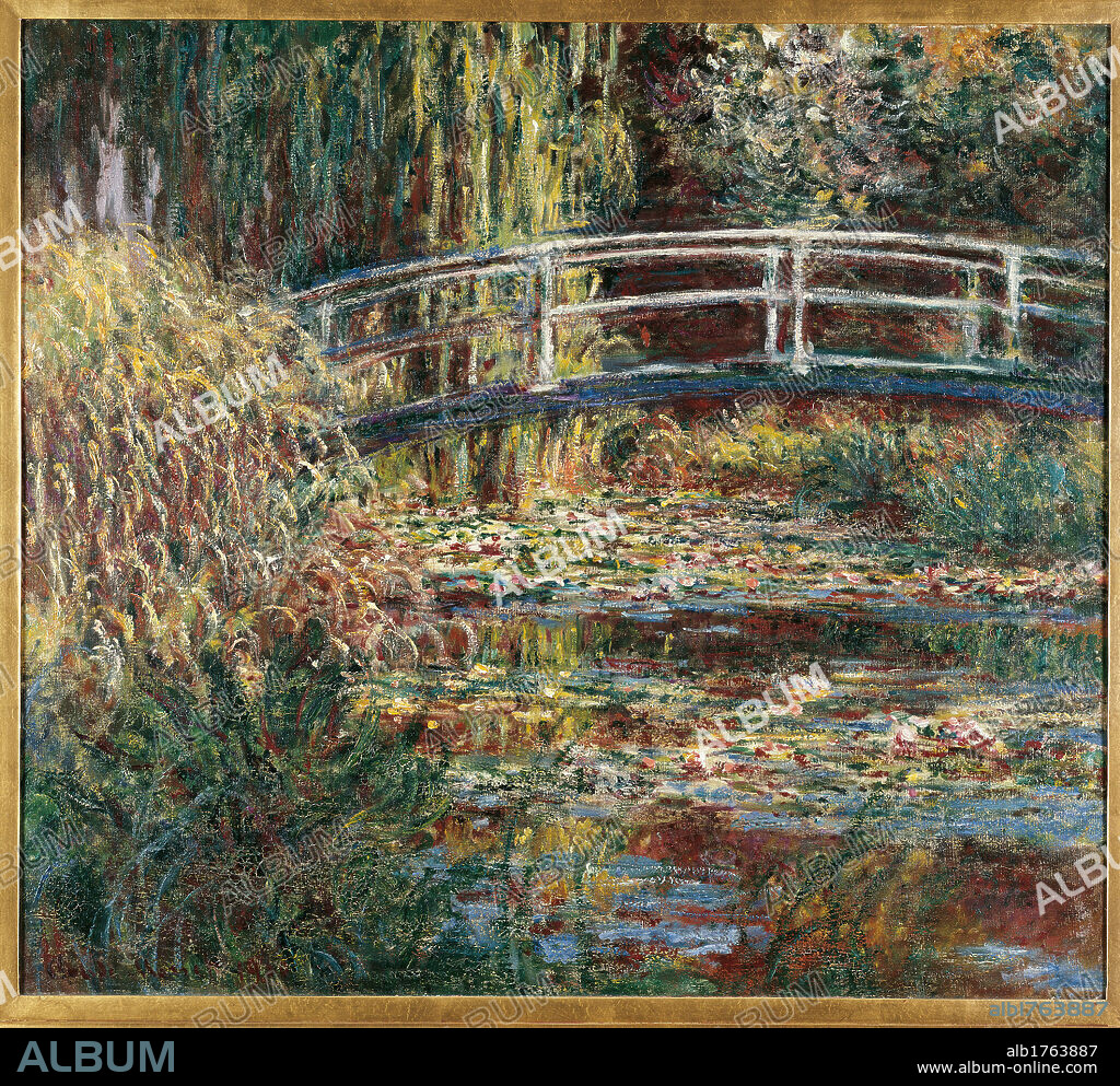 Water Lily Pond Pink Harmony, by Claude Monet, 1900, 20th Century, oil on canvas, cm 89,5 x 100. France, Ile de France, Paris, Muse dOrsay, RF 2005. All. Matching Green Harmony bridge garden trees flowers water lilies basin water azure light blue pink.  Please remember that author's rights have to be cleared for modern and contemporary works of arts.
