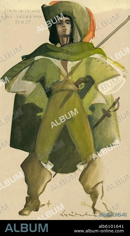 Hartmann, Karl Amadeus; Komponist; 1905-1963. Werke: Des Simplicius Simplicissimus Jugend (Kammeroper, 1934-35; UA 1949; konzertante UA 1948 in München).-Figurine des Simplicius als Jäger von Soest.-Gouache, 1948, von Hannelore Brüderlin (1927-2008). 21,5 x 35,5 cm.