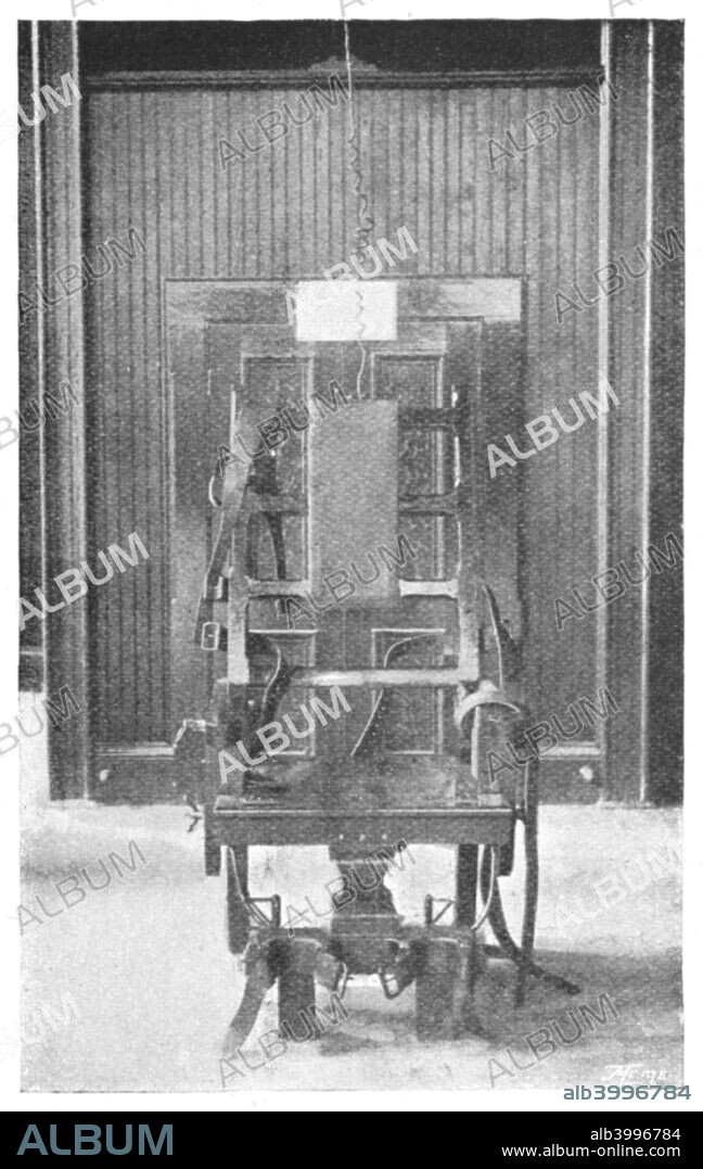 Electric chair, 1898. The Death Chair. In reality it is a simple, though exceedingly strongly made, ordinary chair, the electric apparatus being entirely separate. Photographic illustration from Death by Electrocution by James S Metcalfe, (1898).