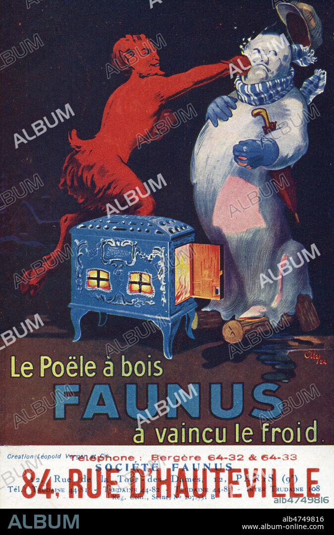 Le poele a bois FAUNUS a vaincu le froid.' Illustration Aly pour une carte publicitaire de 1924. Credit: Collection IM/KHARBINE-TAPABOR.