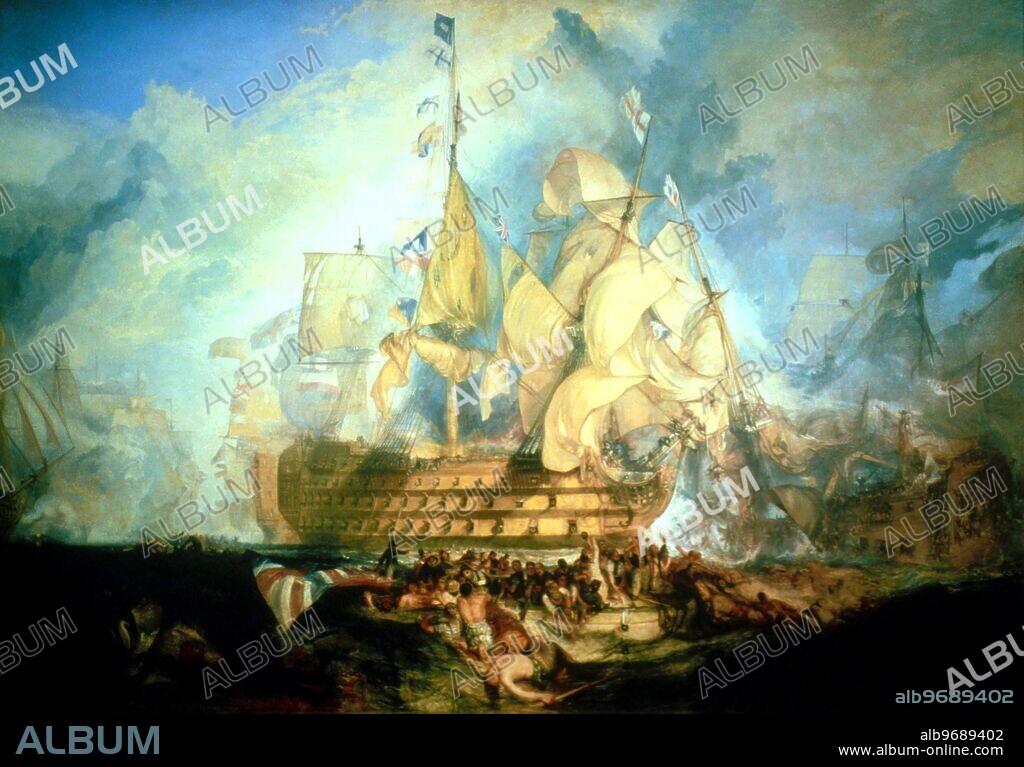 Battle of Trafalgar. by Turner, Joseph Mallord William (1775-1851). Painted in 1891. Held at the National Maritime Museum. Joseph Mallord William Turner (born in Covent Garden, London on April 23, 1775 (exact date disputed), died December 19, 1851) was an English Romantic landscape artist, whose style can be said to lay the foundations for Impressionism. ©TopFoto.