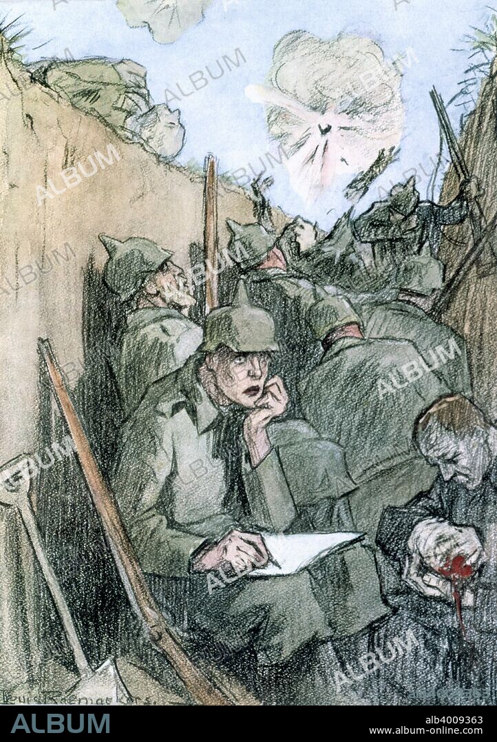 'A Letter from the German Trenches', 1916. ''We have gained a good bit: our cemeteries now extend as far as the sea''. Plate 30 from The Great War: A Neutral's Indictment by Louis Raemaekers. The Dutch graphic artist Louis Raemaekers (1869-1956) produced fiercely anti-German cartoons during the First World War. The Germans offered a substantial reward for him, dead or alive, and the Dutch government, under pressure from Germany, placed Raemaekers on trial on a charge of endangering Dutch neutrality. He was acquitted, but fled to England because of the bounty on his head.