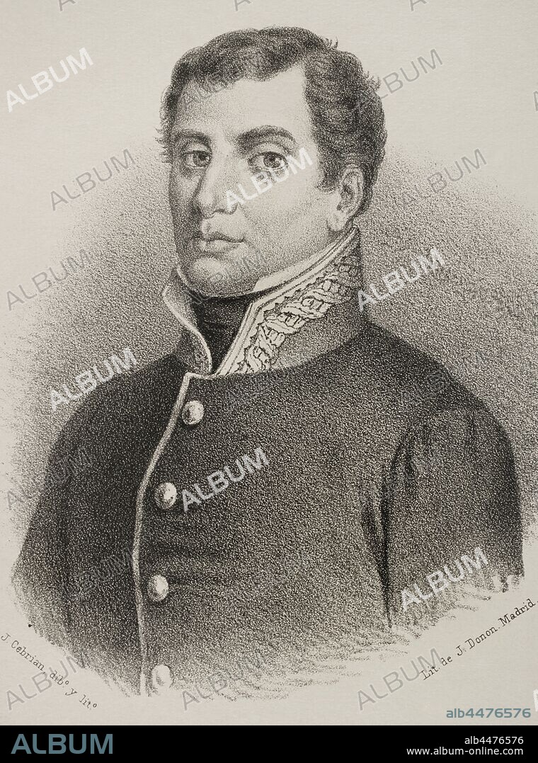 Rafael del Riego (1784-1823). Militar y político liberal español. Dibujo por J. Cebrian. Crónica General de España, Historia Ilustrada y Descriptiva de sus Provincias. Tomo Asturias y León, 1867. Biblioteca Histórico Militar de Barcelona, Cataluña, España.