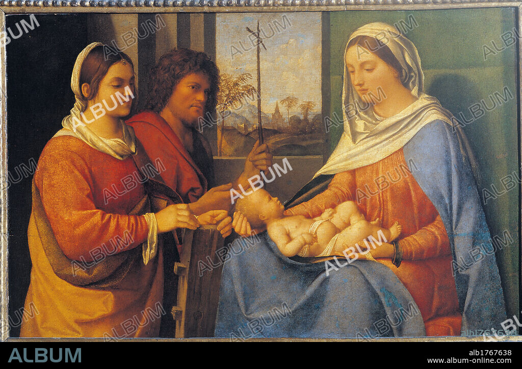 Sacred Conversation, by probably Sebastiano Luciani known as Sebastiano del Piombo, 1505 about, 16th Century, oil on panel, cm 51 x 81. Italy, Veneto, Venice, Accademia Art Galleries. All. Virgin Child two saints St Catherine St John the Baptist red blue. Authorization required for non editorial use.