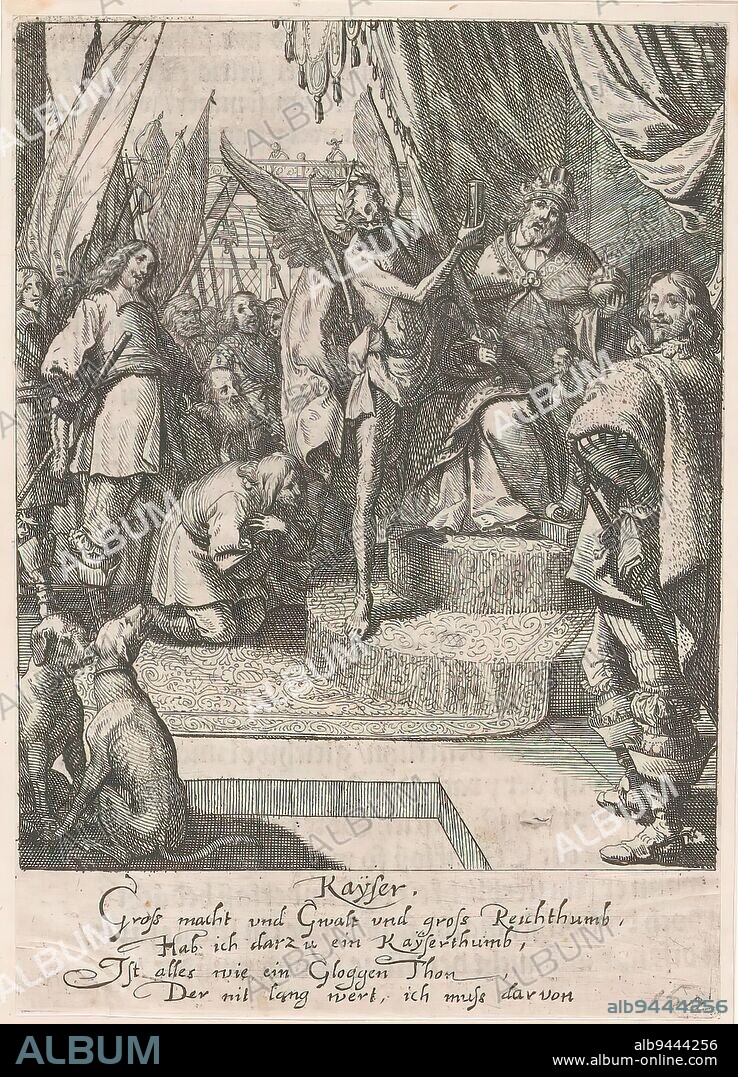 Emperor and Death, Kayser (title on object), The Dance of Death (series title), Emperor seated on throne, in front of which kneeling and standing subjects. Next to him Death as skeleton with hourglass., print maker: Rudolph Meyer, print maker: Conrad Meyer, after design by: Rudolph Meyer, 1650, paper, etching, height 129 mm × width 90 mm.