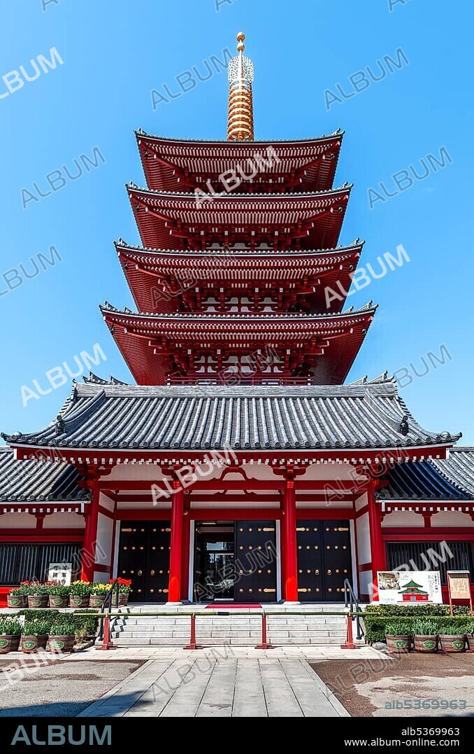 Sensoji five-story pagoda, Buddhist temple complex, Senso-ji