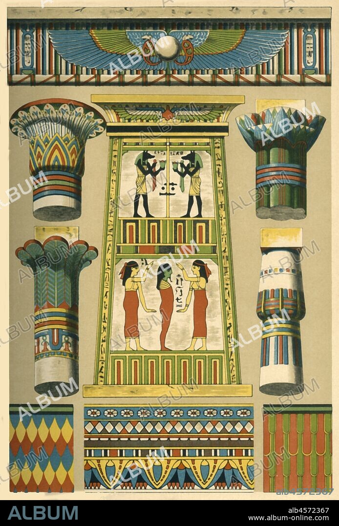 Ancient Egyptian decoration, (1898). Examples of architecture and painting from Ancient Egypt: 'Fig 1: Pylon (entrance-tower) with figural representations and hieroglyphics. Louvre, Paris. Fig 2: Cornice of the entablature of the great temple at Philae. Sculpture and painting. Fig 3: Capital from the temple at Luxor, representing full-blown papyrus. 1200 BC. Fig 4: Capital from a temple at Thebes. (Buds-capital). Fig 5: Capital from a portico at Edfu. (Representing a palm-tree). Fig 6: Capital from Thebes, 1200 BC. Represents a papyrus-bud. Fig 7: Mummy-case painting. Figs 8 and 9: Scaly designs. Paintings from tomb-chambers. Louvre, Paris.' Plate 2 from "The Historic Styles of Ornament" translated from the German of H. Dolmetsch. [B.T. Batford, London, 1898].