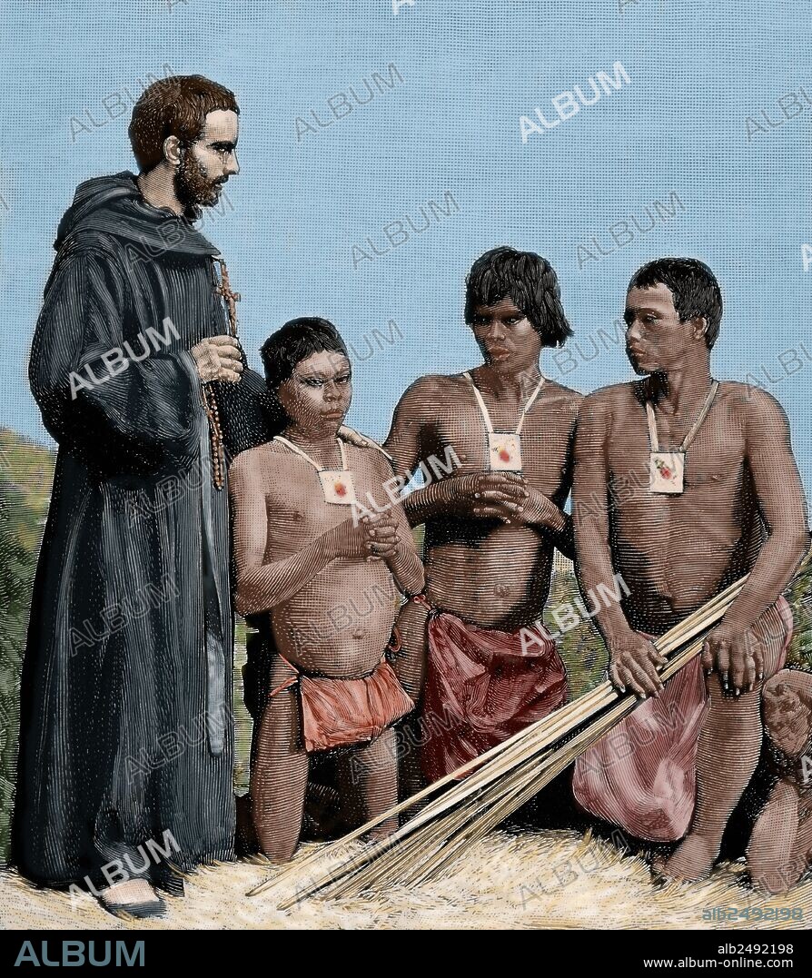 Colombia. Spanish Mission. Augustinian Recollect friar converting Guahibos Indians. Engraving, 1887. Colored.