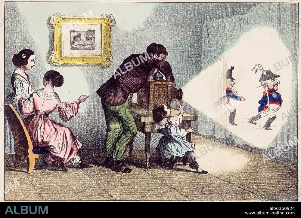 Optik / Laterna Magica.-Die Wunderlampe.-Federlithographie, altkoloriert, unbez. Aus: Der Kindheit Lust und Freude, Mainz (Joseph Scholz) o.J. (um 1830).