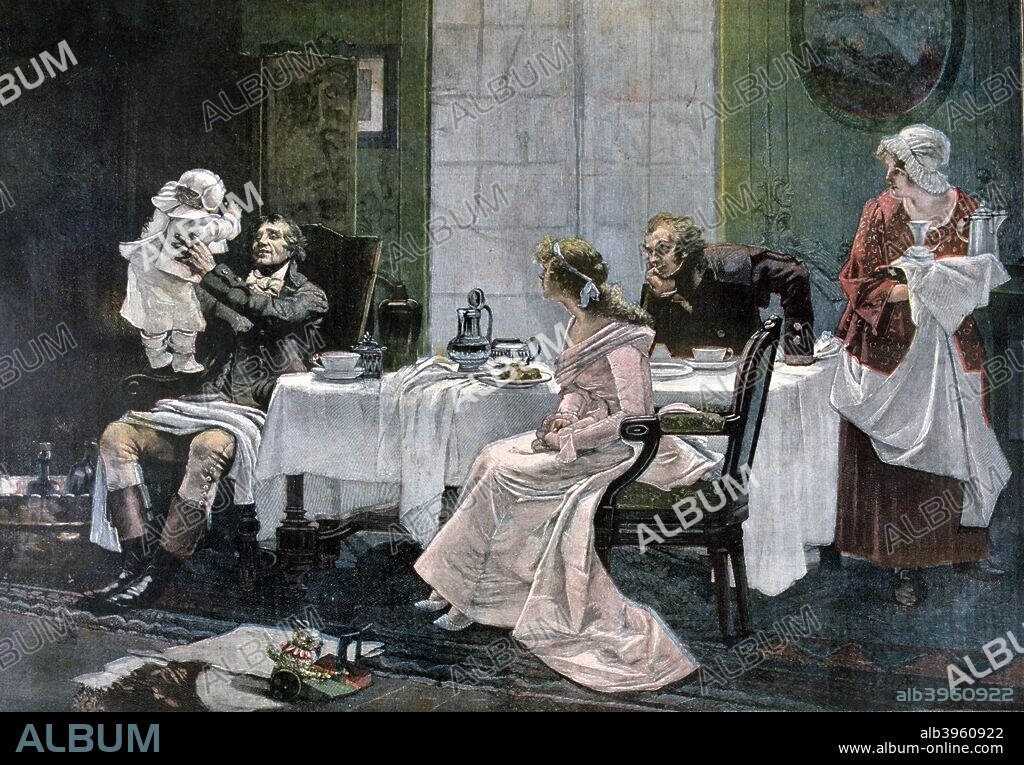 'The luncheon of Camille Desmoulins', 1892. Camille Desmoulins was a French journalist and politician who played an important role in the French Revolution. Both he and his wife were executed by guillotine in 1794 during the Reign of Terror. A print from a supplement to the Le Petit Journal, 5th November 1892.