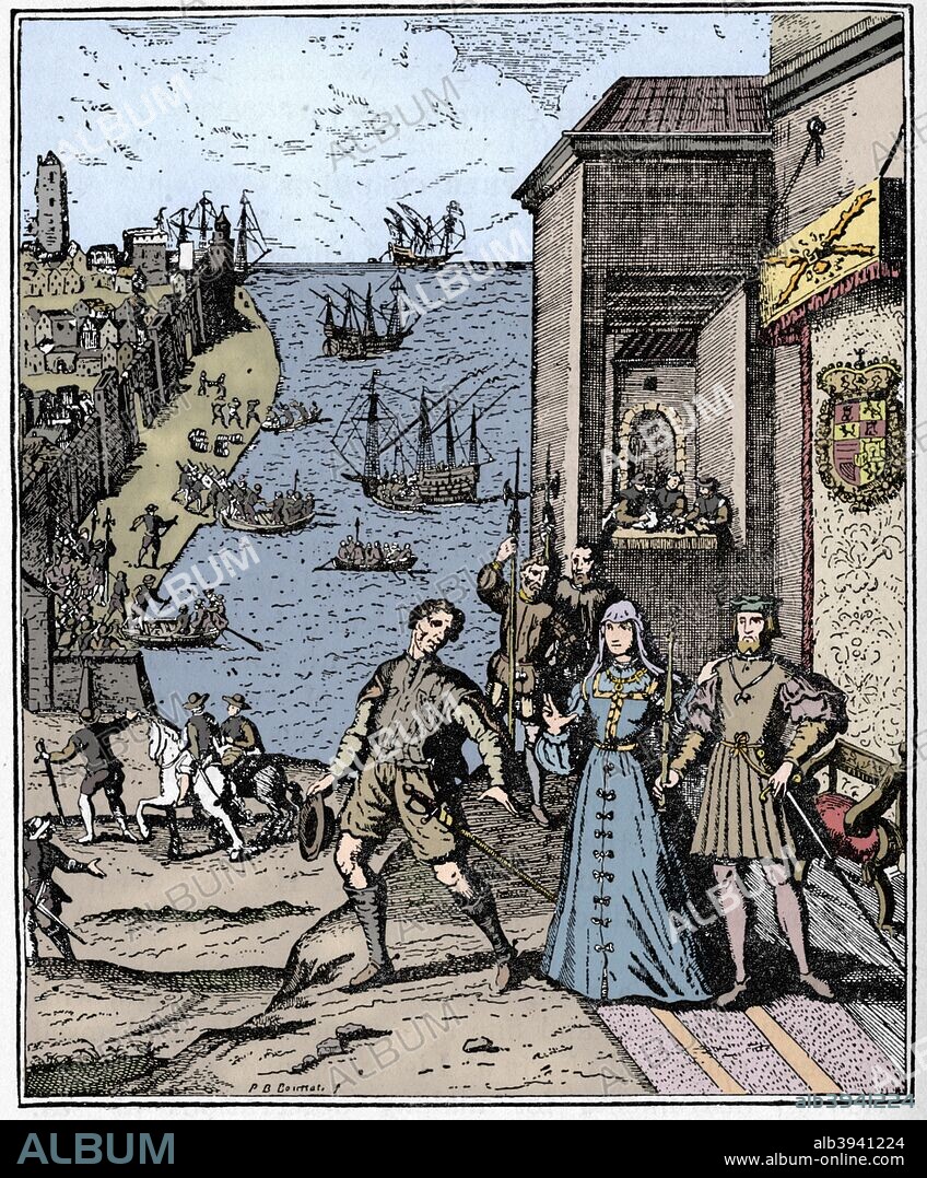 The Parting of Columbus with Ferdinand and Isabella, 3rd August 1492.  Queen Isabella I of Castile (1451-1504) and King Ferdinand II of Aragon (1452-1516) helped fund Columbus's explorations. After an engraving from Theodorus de Bry's (1528-1598) 'Voyages to India' 1601. Taken from 'A Book of Discovery', published by T. C. & E. C. Jack Ltd. 1912. (Colorised black and white print).