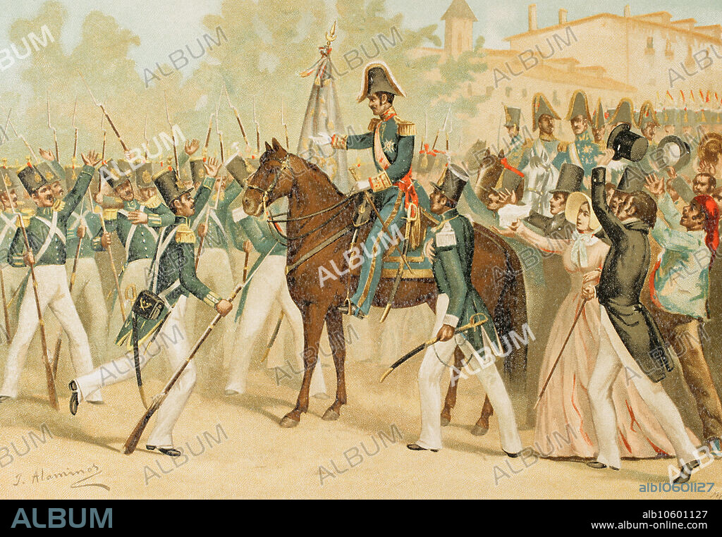 JUAN ALAMINOS. SPANISH ARTIST OF THE SECOND HALF OF THE 19TH CENTURY.. History of Spain. Anti-Espartero insurrection of 1843, during the Regency of Baldomero Espartero (1840-1843), Duke of la Victoria. "...Let me embrace this flag that represents you". Departure of the regent for Albacete to organise the troops fighting the insurrection in Valencia, Aragon and Catalonia. Illustration by J. Alaminos. Chromolithography. "Historia de la Guerra Civil y de los Partidos Liberal y Carlista". Volume III. 1891.