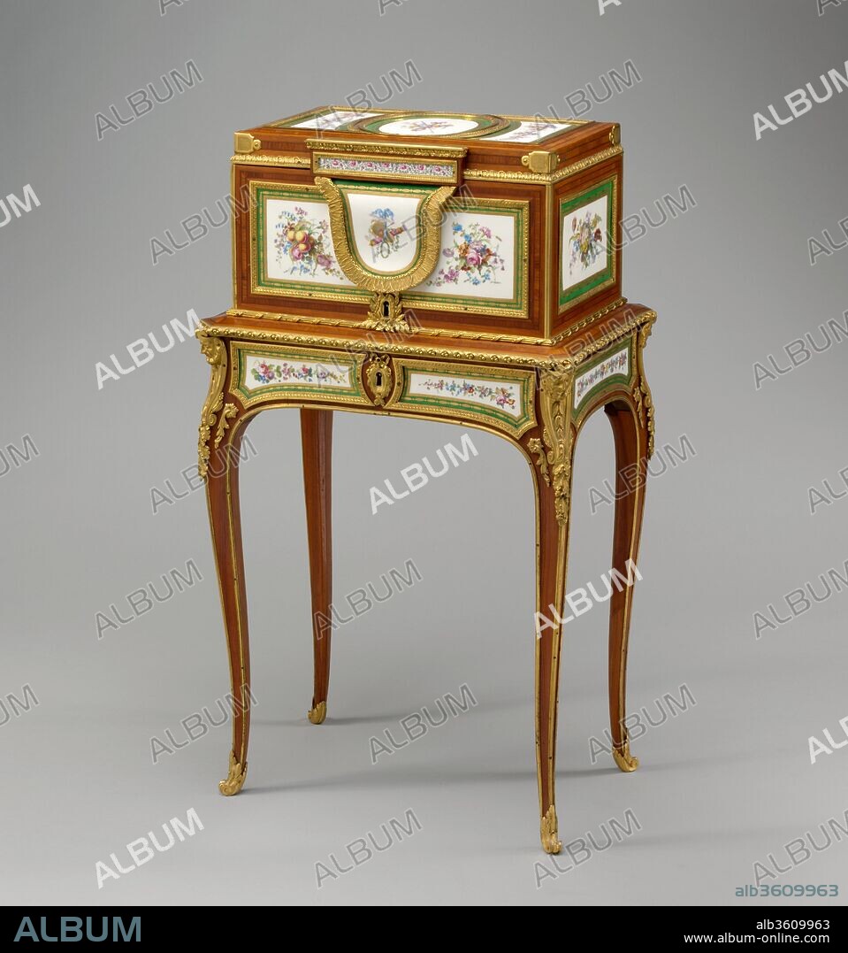 Jewel coffer on stand (petit coffre à bijoux). Culture: French, Paris and Sèvres. Decorator: Eight plaques decorated by Jean-Jacques Pierre the Younger (French, active 1763-1800); One plaque decorated by Michel-Gabriel Commelin (French, 1746-1802). Dimensions: 37 1/2 x 21 3/4 x 14 1/2 in. (95.3 x 55.2 x 36.8cm). Factory: Porcelain plaques by Sèvres Manufactory (French, 1740-present). Maker: Coffer attributed to Martin Carlin (French, near Freiburg im Breisgau ca. 1730-1785 Paris). Date: ca. 1770.
In 1770, the year the Austrian archduchess Marie-Antoinette (1755 - 1793) married Louis-Auguste, the dauphin of France, she received among her wedding presents a jewel coffer on stand mounted with porcelain plaques. That piece (Château de Versailles) appears to have been the prototype for the eight other examples of this model known today, three of which are in the Museum's collection. (footnote 1) Made by or attributed to Martin Carlin, these coffers were marketed by Simon-Philippe Poirier, who himself may have invented their design, or by his partner and successor, Dominique Daguerre. All of them have a drawer in the stand fitted with a velvet-lined surface and a compartment for writing implements, so they must have doubled as a small desk. Although most of the plaques on the present example display floral decoration, the oval plaque on the lid and the shaped and undulating one on the front of the coffer show love symbols. Since most of the plaques are marked with the date letter R for the year 1770, it may be assumed that this piece of furniture was made then. Poirier delivered a coffer of French porcelain on a green ground with floral cartouches, richly embellished with gilt bronze, and its stand, to Madame du Barry on December 13, 1770. Since the casket is not listed in any of the inventories of her belongings, it is possible that she ordered it as a sumptuous present for someone else. Coffers of this description were in the possession of Marie-Joséphine-Louise of Savoy, comtesse de Provence (1753 - 1810), and of Empress Maria Feodorovna (1759 - 1828) at Pavlovsk.
1. The other two are acc. nos. 58.75.42 and 1976.155.109.