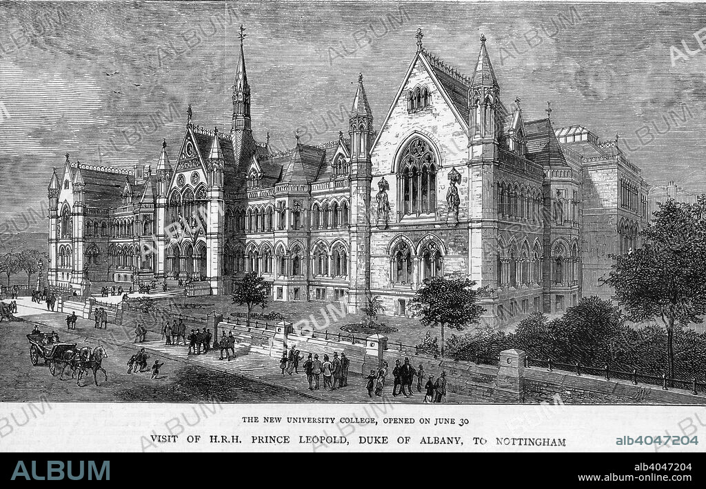 The opening of the University College, Nottingham, by Prince Leopold, Duke of Albany, 1881. The University College was opened by HRH Prince Leopold George Duncan Albert of Great Britain and Ireland on 30th June 1881. From its foundation in 1881, the University College came under the authority of the Nottingham Corporation and the College's management committee was controlled by the Town Council. In 1906-1908 DH Lawrence was a student at the University College. In August 1948, the University College received the royal charter granting full University status and the power to confer its own degrees (prior to this date students at Nottingham received degrees from the University of London). The University relocated to its present Highfields site between Lenton, Dunkirk and Beeston, land donated by Jesse Boot, in 1928. Parts of the old University College buildings were then used as Nottingham Central Library before becoming what is today part of Nottingham Trent University.