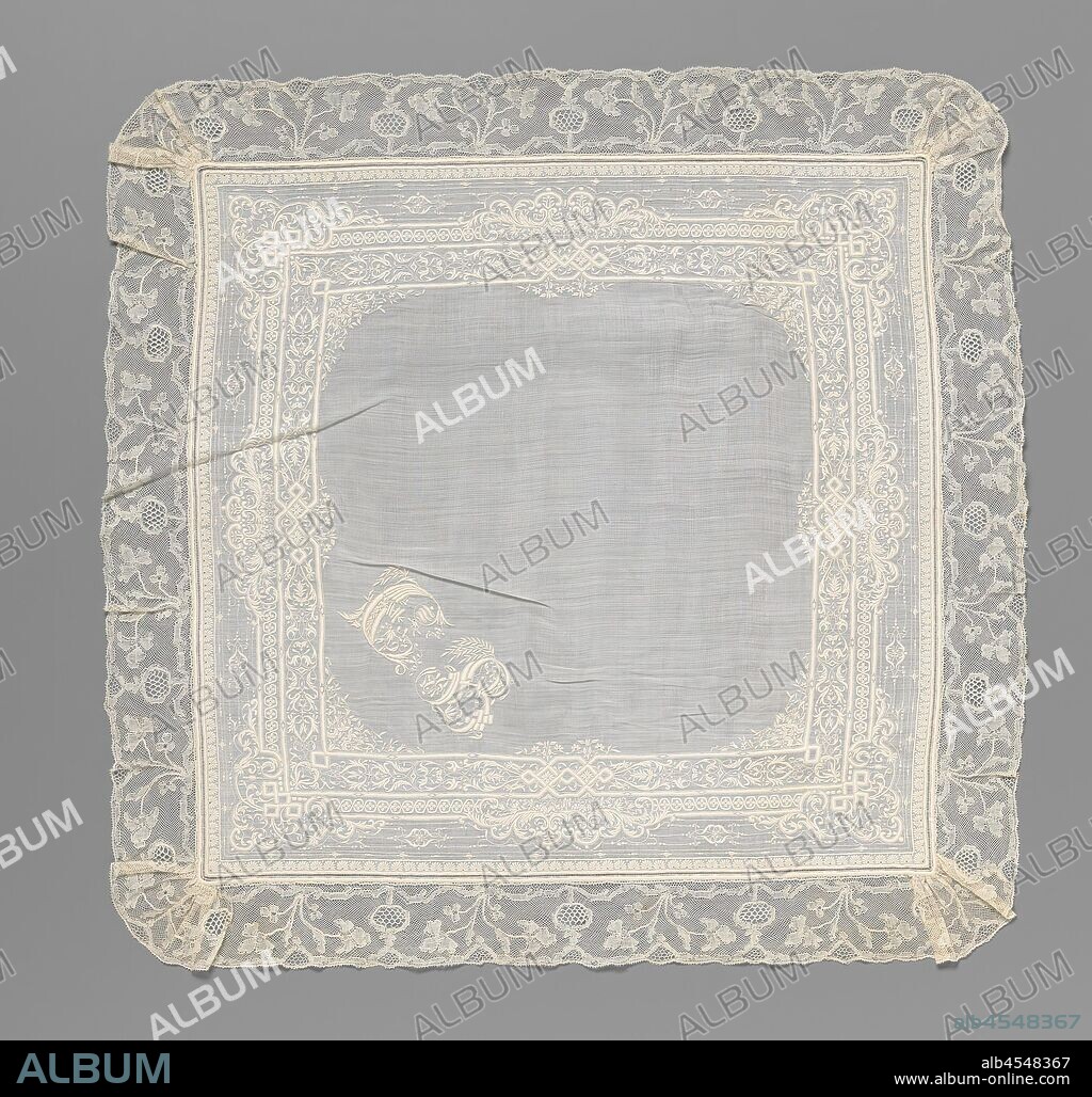 Batist handkerchief with embroidery and bobbin lace with the initials CB, Handkerchief with a batist center piece on which embroidery and an edge of bobbin lace: Mechelen lace. The lace has a repeating pattern on a lattice ground, with a continuous branch along the top (inside) on which alternately a pomegranate and a triple flower branch hangs. The motifs are made in linen, the contours around the motifs are made with a thicker thread. The motifs, the pomegranate and semi-oval cartouches along the bottom edge, are filled with a simple diamond-shaped decorative soil. A flat scalloped edge runs along the underside (the outer edge). The lace is smooth on the handkerchief, with the exception of the corners that are wrinkled. The embroidery pattern has four double straight piping with meander corners and middle sections. Leaf garlands run between the inner two lines, a spiral runs between the outer two, crowned by a volute ornament on the corners. A closed palm fringe runs against the outer border. The initials CB are in one of the corners., anonymous, Belgium (possibly), c. 1860 - c. 1870, embroidering, l 57 cm × w 55 cm ×, 11 cm.