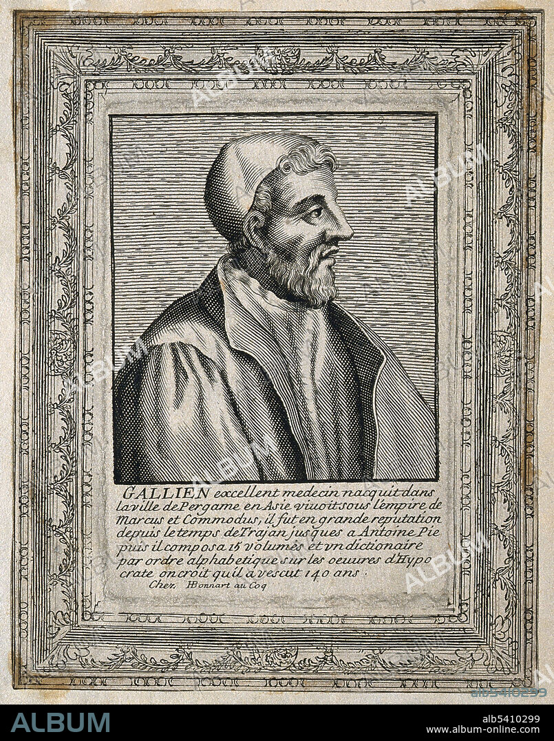 Galen (131-201) was born in Asia Minor. After receiving medical training in Smyrna and Alexandria, he gained fame as a surgeon to the gladiators of Pergamos. He was summoned to Rome to be the physician of the Emperor Marcus Aurelius and spent the rest of his life at the Court writing an enormous corpus of medical works. Taking Hippocrates' notions of the humors and pathology, he incorporated the anatomical knowledge of noted Alexandrians. A supporter of observation and reasoning, he was one of the first experimental physiologists, researching the function of the kidneys and the spinal cord in controlled experiments. His works came to symbolize Greek medicine to the medical scholars of Europe and the Middle East for the next 15 centuries. The most accomplished of all medical researchers of antiquity, he contributed greatly to the understanding of many scientific disciplines including anatomy, physiology, pathology, pharmacology, neurology, philosophy, and logic. No artist credited, line engraving, undated.