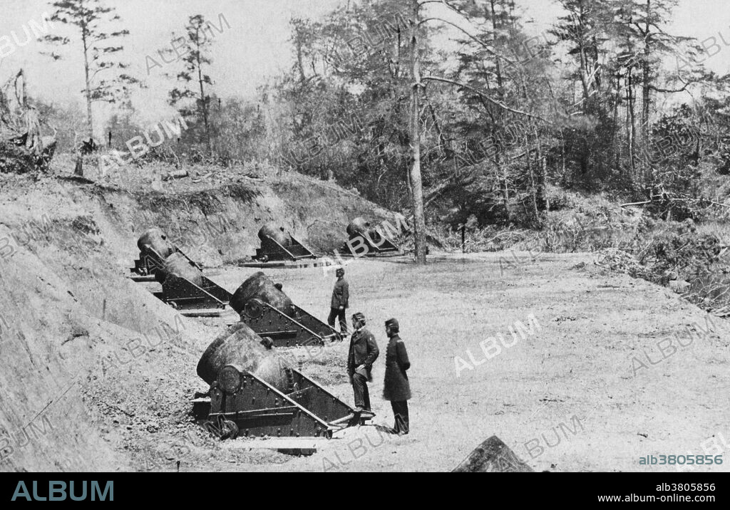To reduce Yorktown, Virginia, during the American Civil War, General George McClennan undertook a formal siege.  Shown here is a mortar battery, firing heavy projectiles in a high, arching projectory.  These are 10-13 inch mortars, each weighing 20,000 pounds, at Battery #4 near Yorktown.