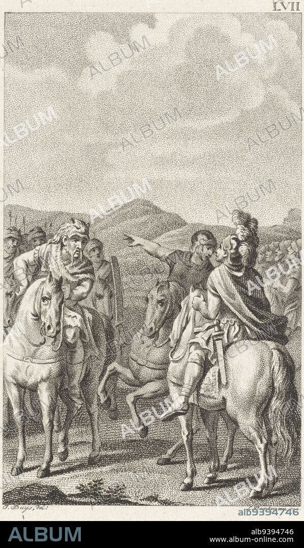 The Germanic army captain Ariovistus negotiates with Caesar prior to the battle of Colmar. Caesar and Ariovistus, print maker: Ludwig Gottlieb Portman, (mentioned on object), intermediary draughtsman: Jacobus Buys, (mentioned on object), Amsterdam, 1799, paper, etching, h 211 mm × w 135 mm.
