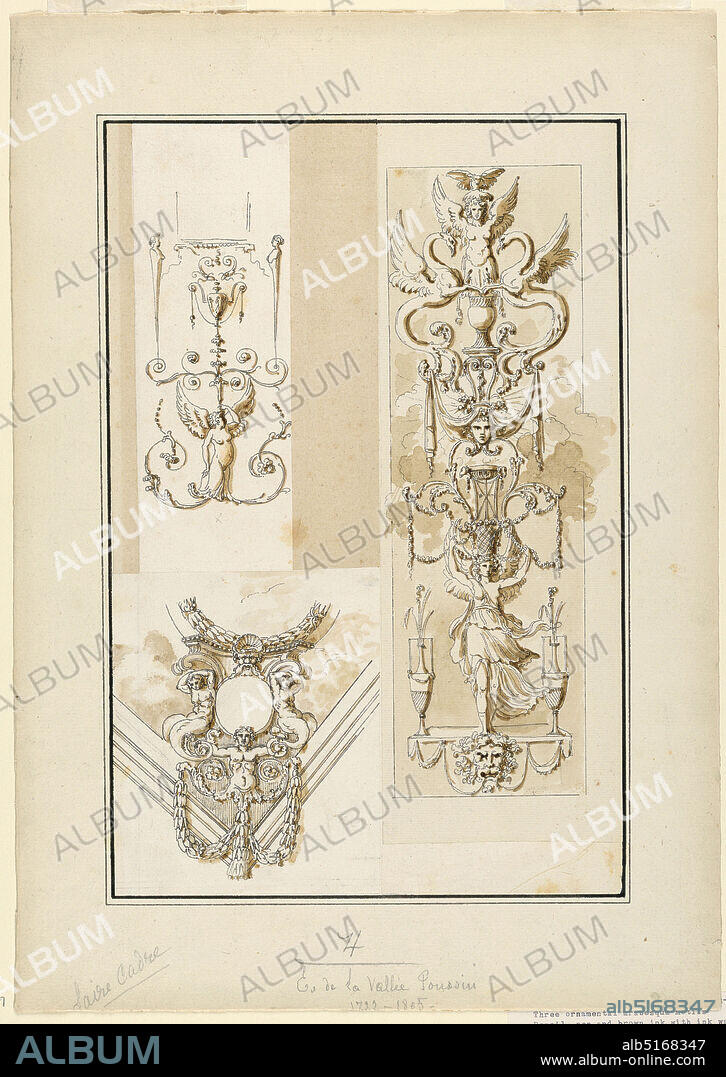 Design for Ornamental Arabesque Motifs, Etienne de Lavallée-Poussin, French, 17351802, Pen and brown ink with ink wash, graphite on paper, Upper left, a vertical arabesque motif which includes a winged figure terminating in vine tendrills, and above a vase flanked by herms. Lower left, a corner motif of a ceiling cove with two sirens flanking a disc supporting a circular panel, and below, another siren, from which garlands are suspended, and clutching the tails of the sirens above. Right, a vertical panel with a standing draped classical figure between vases, whose headdress is made up of a series of arabesques, a brazier, flanking griffins, and a winged half-figure with a bird on its head., France, 1770, drawing, drawing.