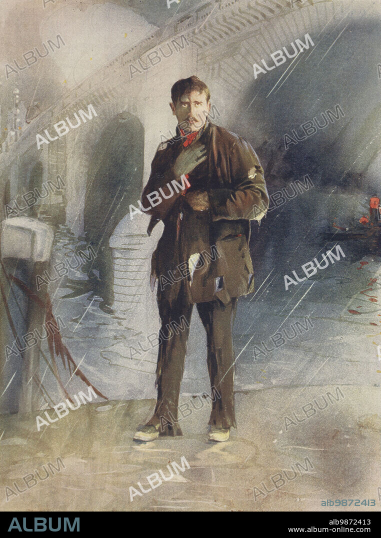 Charles Hawtrey as Horace Parker in A Message from Mars, a play by Richard Ganthony, Avenue Theatre, 1899. As a beggar in rags under a bridge in the rain. Sir Chalres Henry Hawtrey, English comedy actor, stage and film, 1858-1923. Photograph by Alfred Ellis and Walery (Stanislaw Julian Ignacy). Colour printing of a hand-coloured illustration based on a monochrome photograph from George Newness Players of the Day, London, 1905.