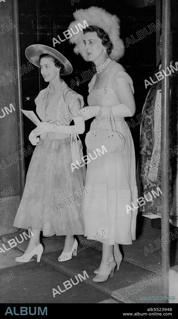 Royal Guests at Lady Caroline Thynne's Wedding - The Duchess of Kent, in pale apricot, and the Princess Margaret in wide-skirted frock of flowered chiffon with jacket of duck-egg blue and matching blue hat, leaving after the wedding.The King, the Queen (who is godmother of the bridgegroom) and Princess Margeret attended the wedding of Lady Caroline Thynne, 21, eldest daughter of the Marquess and Marchioness of Bath, to Mr. David Somerset, at St. Peter's, Eaton Square, London, today (Wednesday). Mr. Somerset, 22-year-old student farmer, is the son of Captain Robert Somerset, heir presumptive to the Duke of Beaufort, of East Meon, Hampshire.During the last war, the bridegroom served with the Coldstreams in Egypt and Palestine. July 05, 1950. (Photo by Reuterphoto).