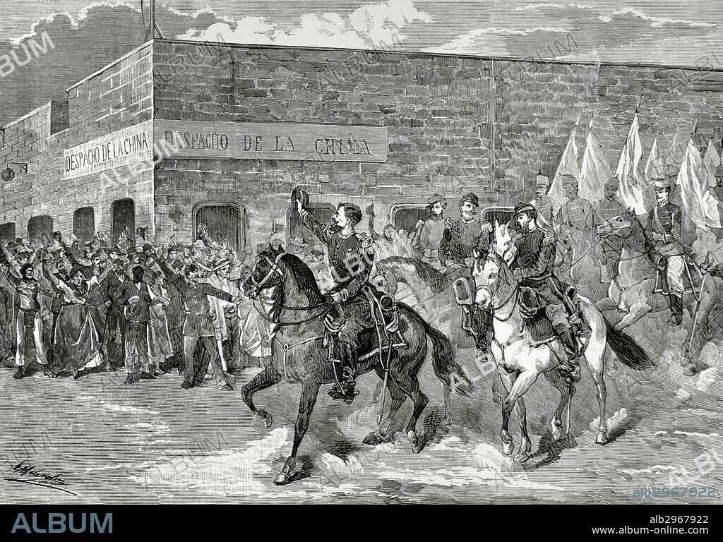 Guerra del Pacífico o Guerra del Guano o Salitre. Conflicto que enfrentó a Chile contra sus aliados Bolivia y Perú. Se desarrolló en el Pacífico y desierto de Atacama, 1879-1883. "Peru: Entrada en Iquique del general D. Hilarion Daza (1840-1894), presidente de la Republica de Bolivia, 17 de julio de 1879. Grabado por Rico. La Ilustración Española y Americana. Año 1879.