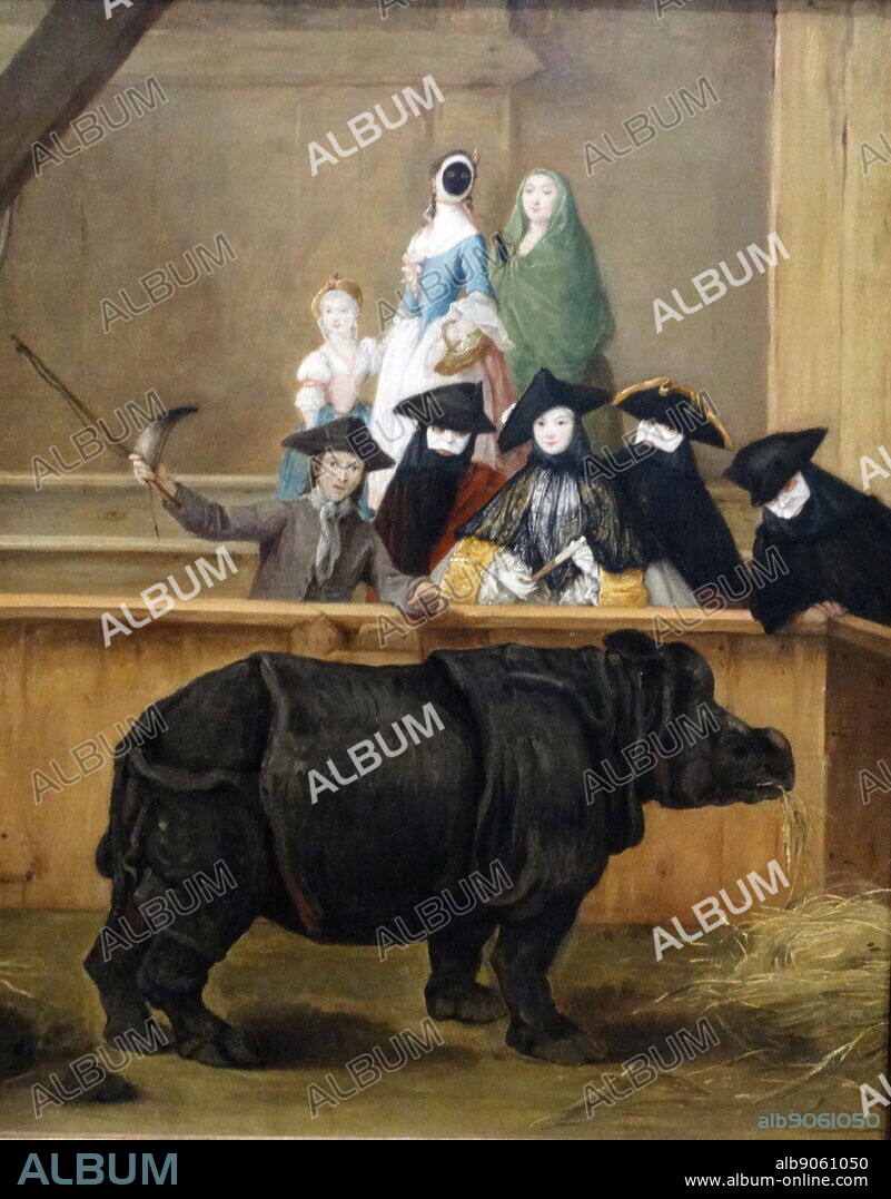 Painting titled 'Exhibition of a Rhinoceros at Venice' by Pietro Longhi (1701-1785) a Venetian painter of contemporary genre scenes of life. Dated 18th Century.