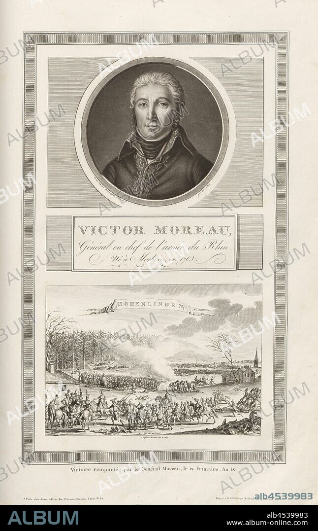 Victor Moreau, General-in-Chief of the Army of the Rhine, born in Morlaix, in 1763 and Victoire won by General Moreau on 12 Frimaire, An IX, Portrait of Jean Victor Marie Moreau and Battle of Hohenlinden, signed: Gravé D'après le Dessin original de Gérard par Levachez; Duplessi-Bertaux inv. Et sculp, Fig. 54, p. 9 (Constitution de la République), Gérard, François-Pascal-Simon (déssin original); Levachez, Charles François Gabriel (sc.); Duplessi Bertaux, Jean (inv. et sc.), Collection complète des tableaux historiques de la Révolution française en trois volumes [...]. Bd. 3. A Paris: chez Auber, Editeur, et seul Propriétaire: de l'Imprimerie de Pierre Didot l'aîné, an XI de la République Francçaise M. DCCCII.