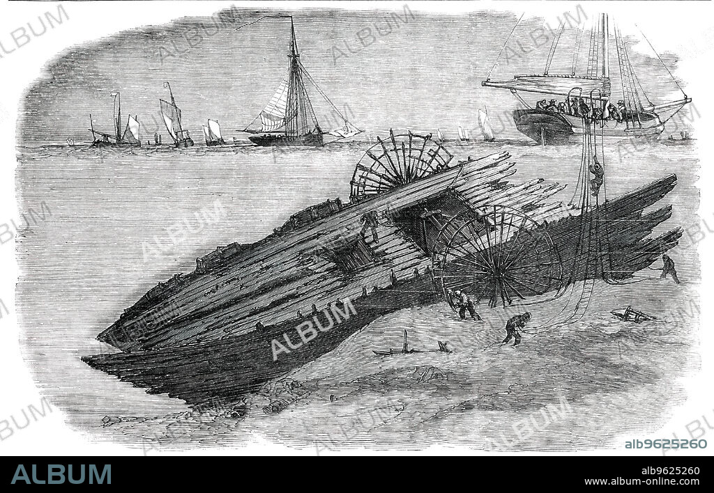 Wreck of the "Royal Adelaide" Steam-Ship, 1850. On Sunday 31 March 1850 a ship was wrecked on Tongue Sands, just off the coast of Kent, in bad weather: 'The gale continued with such unabated violence the whole of Sunday and Monday, that it was not until late in the afternoon of the latter day that any official notification of the wreck was made at Margate...she appeared to have lost her funnel, as her fires appeared coming up through the deck...the only portion of the wreck visible above the surface was about one-half the starboard paddle-wheel...Many of the bodies of the poor people who were steerage passengers are lying about embedded in the sand...A subscription has also been set on foot for the relief of the widows and orphans created by the disaster'. From "Illustrated London News", 1850.