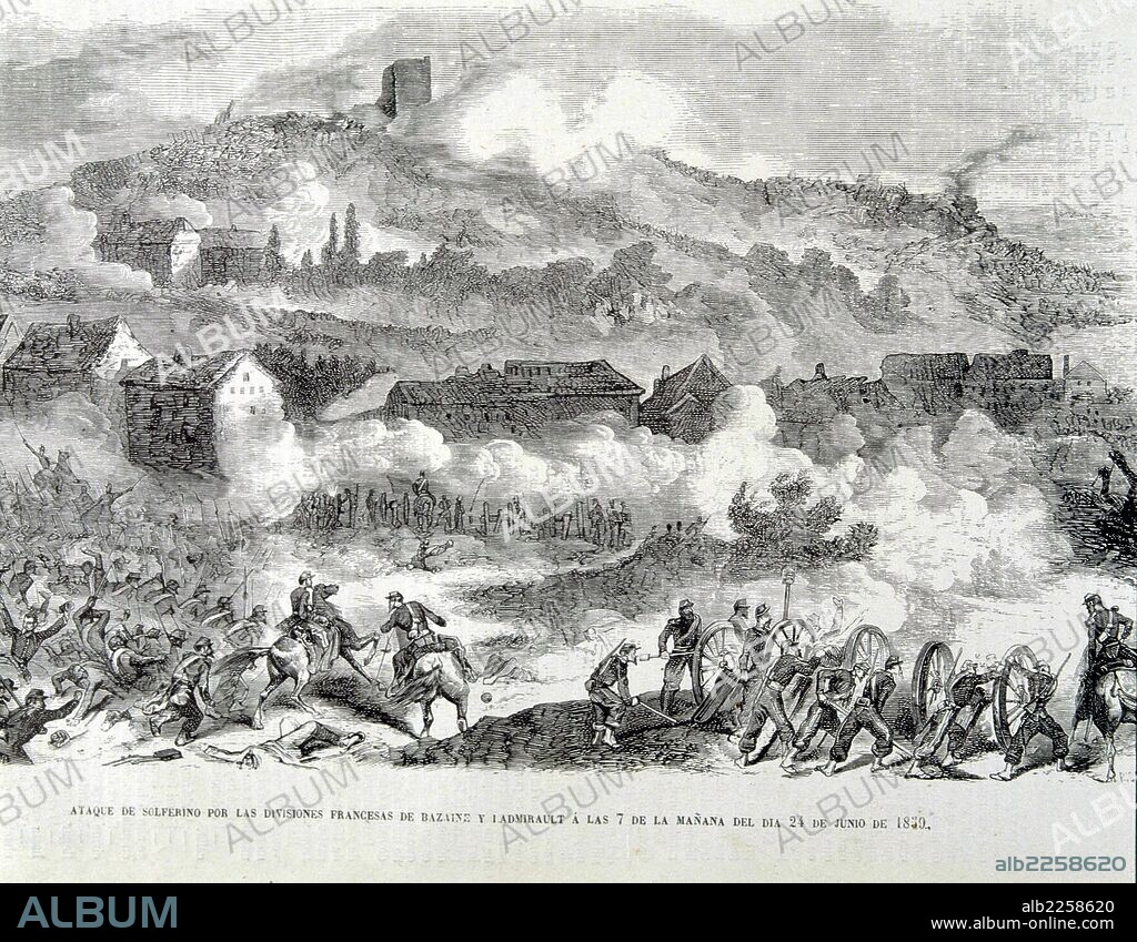 NAPOLEON III. EMPERADOR DE FRANCIA. 1808-1873. " BATALLA DE SOLFERINO " , 24 - 06 - 1859. VICTORIA DEL EMPERADOR SOBRE AUSTRIA. GRABADO DE LA REVISTA " EL MUSEO UNIVERSAL " , AÑO1859.