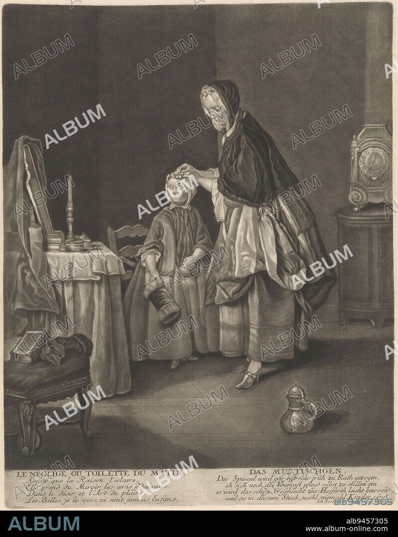 Morning toilet, Johann Jacob Haid (possibly), after Jean Baptiste Siméon Chardin, 1740 - 1767, With caption in German and French., print maker: Johann Jacob Haid, (possibly), after: Jean Baptiste Siméon Chardin, publisher: Johann Jacob Haid, (mentioned on object), Augsburg, 1740 - 1767, paper, etching, h 410 mm × w 320 mm.