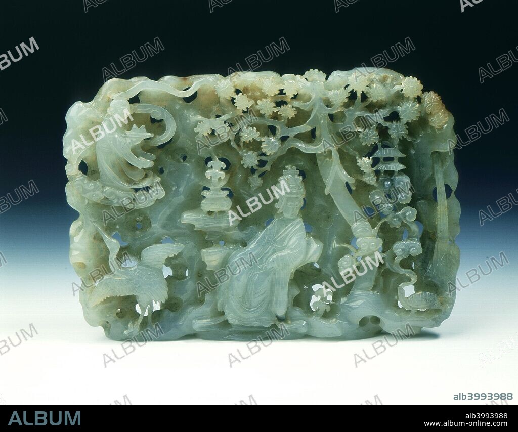 Jade reticulated plaque of Daoist paradise, late Ming or early Qing dynasty, China, 17th century. A reticulated roughly rectangular plaque of a Daoist paradise showing Xi Wangmu (Queen Mother of the West) seated under a pine tree with a crane and incense burner by her side. On the other side of the pine tree is a tortoise belching clouds on which a pagoda floats. A fairy riding a cloud vehicle is in the sky above and to one side. The whole scene is set against a backdrop of perforated rocks.