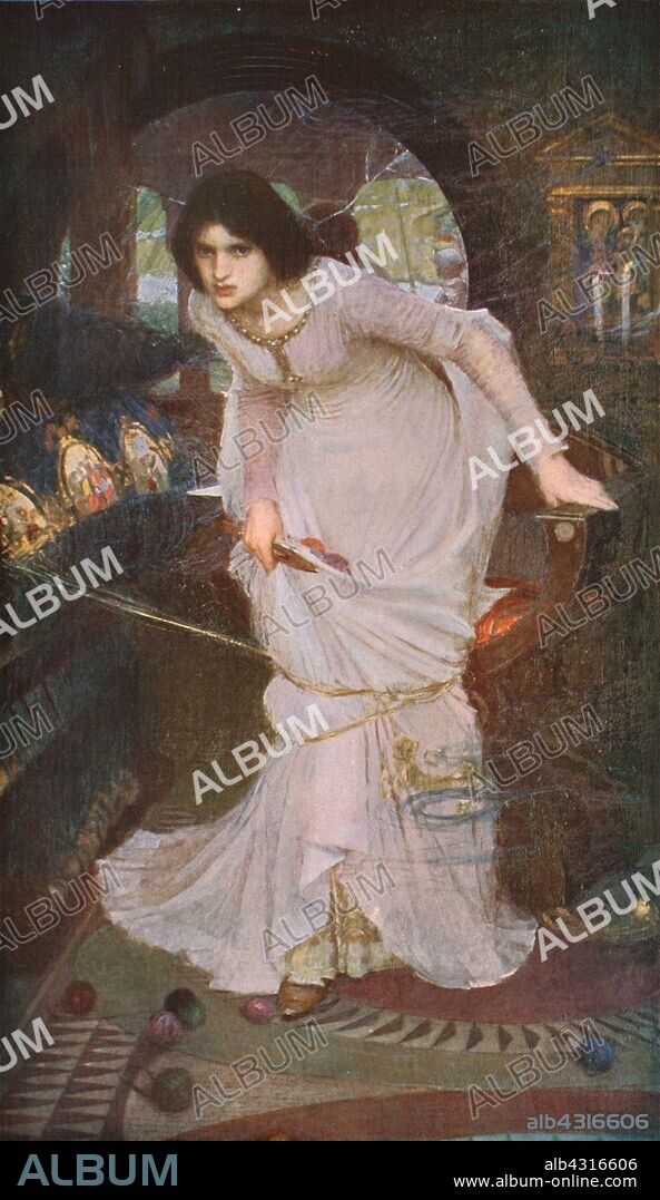JOHN WILLIAM WATERHOUSE. 'The Lady of Shalott Looking at Lancelot', 1894, (c1930). Illustration to Tennyson's poem, "The Lady of Shalott": the Lady sees 'bold Sir Launcelot' in her mirror: she goes to the window, golden yarn from the loom wrapped round her knees. The mirror through which she must view the outside world cracks 'from side to side', bringing down the curse on her. Painting in Leeds City Art Gallery, Leeds, Yorkshire. From "Modern Masterpieces of British Art". [The Amalgamated Press Ltd., London, c1930].