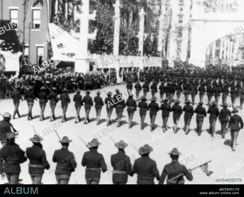 The famous 10th Colored Cavalry - that climbed San Juan - Peace Jubilee, Philadelphia. This nickname was given to the "Negro Cavalry" by the Native American tribes they fought in the Indian Wars. The term eventually became synonymous with all of the African American regiments formed in 1866: 9th Cavalry Regiment, 10th Cavalry Regiment, 24th Infantry Regiment, and 25th Infantry Regiment. The "Buffalo Soldiers" were established by Congress as the first peacetime all-black regiments in the regular US Army. Cropped stereograph, J.F. Jarvis, 1899.