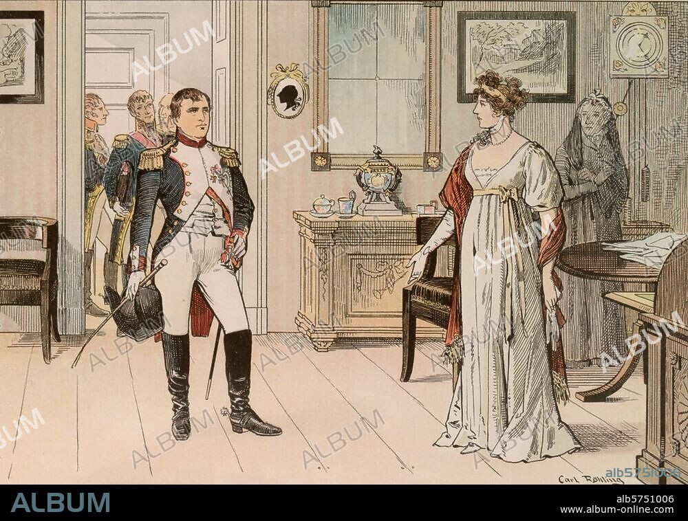 CARL ROEHLING. Napoléon Ier Bonaparte, empereur des Français (1804) ; 1769-1821. "La reine Louise et Napoléon à Tilsit" (6 juin 1807 : la reine Louise essaie, en vain, d'attendrir Napoléon sur le sort de la Prusse). Imp. coul. d'ap. C.Röhling (1849-1922). In : Die Hohenzollern in Wort und Bild, Berlin (M.Oldenbourg), p. 39. Berlin, Sammlung Archiv für Kunst und Geschichte.