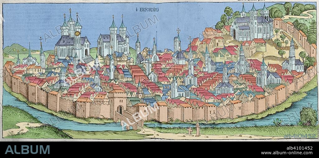 Ciudad de Erfurt (Erfordia). Alemania. Grabado. Liber chronicarum, 1493. Coloreado.