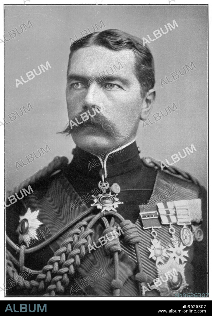 Kitchener of Khartoum in dress uniform, c 1900s. Irish-born British soldier and statesman Horatio Herbert Kitchener (1850-1916) regained the Sudan for Egypt by his victory at the Battle of Omdurman (1898). He was commander of British forces during the Boer War (1899-1902) and served as War Minister from 1914 to 1916. His portrait was used on a famous World War I army recruitment poster. Kitchener drowned when HMS Hampshire, carrying him to Russia, was sunk by a German mine in the North Atlantic in 1916.
